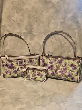 Dooney and Bourke Purple Petunia Mini Barrel Bag, Large Slim Wristlet, Coin Case